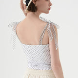 Polka Dot Halter Cropped Ruched Tie Front Tank Top
