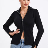 Ribbed Knit Zip-Up Stand Collar Cardigan