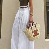 Solid Ruched High-Waisted Wide-Leg Pants