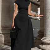 Solid Sleeveless Ruched Waist Elegant Dress