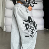 Street Style Graphic Letter Ribbon Curved Sweat Pants