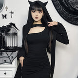 Wasteland Kitten Hollow Out Long Sleeve Folds Bodycon Dress