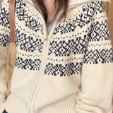 Ribbed Knit Fair Isle Zip Cardigan
