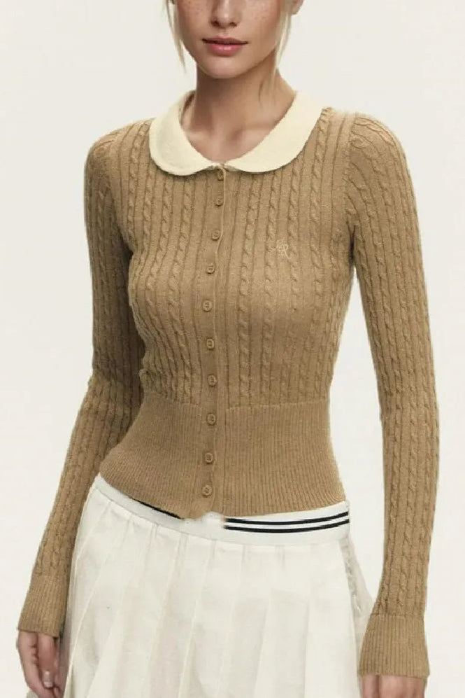 Short Lapel Cable Knit Cardigan