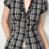 British Plaid Ruffled V Neck Puff Sleeve Blouse
