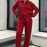 Knit Ribbed Collar Long Sleeve Loose Two Piece Set