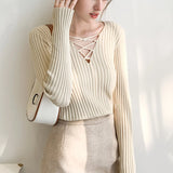 Slim Fit Lace Up V Neck Sweater