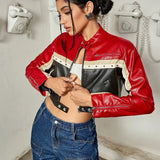 Studded Colorblock PU Moto Jacket