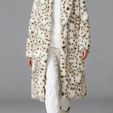 Leopard Print Faux Fur Notch Collar Overcoat