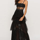 Arlene Corset Leayered Mesh Slip Maxi Dress