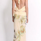 Sexy Backless Halter Top Slim Printed Maxi Skirt Set
