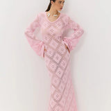 Knit Argyle Jacquard Long Sleeve Maxi Dress