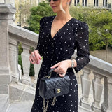 Polka Dot Print V-Neck Long Sleeve Maxi Dress