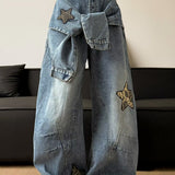 Leopard Print Patchwork Tie Loose Wide Leg Retro Jeans