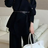 Loose Knit Big Collar Coat Wide-Leg Pants Two Piece Set