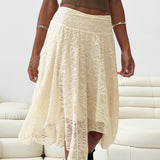 Asymmetrical Hem Lace Detail Midi Skirt