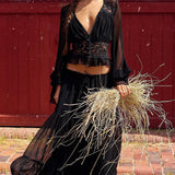 Sexy Lace Chiffon Sheer Tie Skirt Set