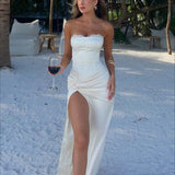 Satin Kink Detail Slit Maxi Dress