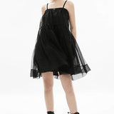 Women's Dark Two Wear Slip Mesh Dress Metal Skull Triangular Flag Decoration Black Skirt