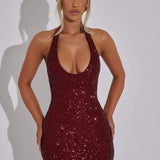 Rhinestone Halter Sleeveless Ruched Party Dress