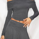 Off-Shoulder Ruched Knit Crop Slim T-shirt Shorts Knit Top