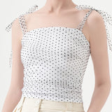 Polka Dot Halter Cropped Ruched Tie Front Tank Top