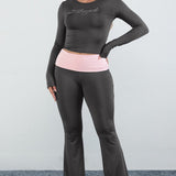 Rhinestone Color Block Crew Neck Two Piece Set