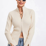 Ribbed Knit Zip-Up Stand Collar Cardigan