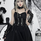 Gothic Sexy Black V Neck Lace Up Y2K Grunge Punk High Waist Lace Trim Party Dress