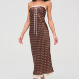 Satin Polka Dot Strapless Backless Maxi Dress