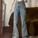 Washed Butterfly Embroidered Flared Jeans
