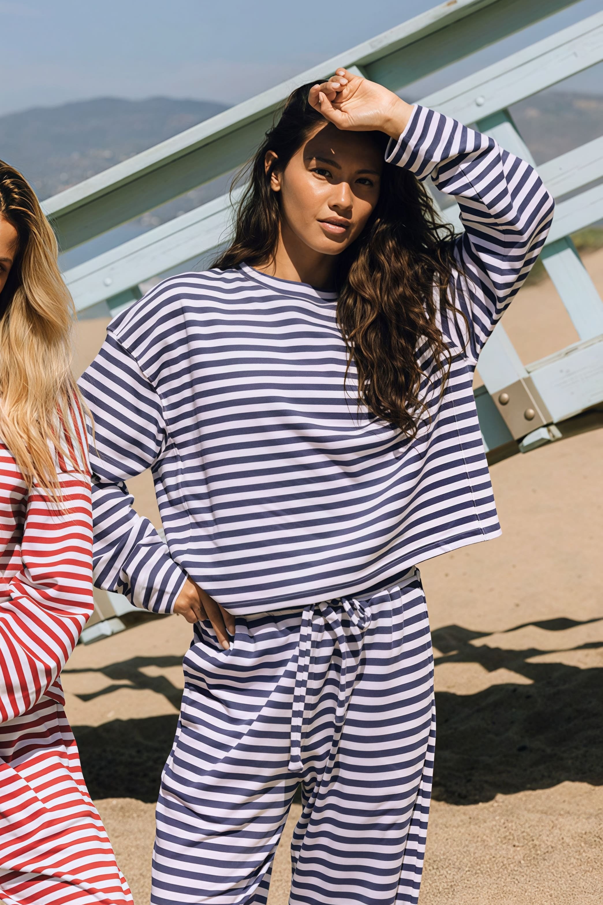 Stripe Crewneck Drawstring Two Piece Set
