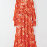 Orange Boho Floral Bishop Sleeve V Neck Tiered Maxi Dress