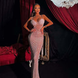 Rhinestone V-Neck Cami Ruched Fishtail Party Dress