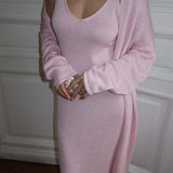 Soft Knit Cutout Tank Dress Long Sleeve Cardigan Two Piece Set