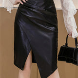 New PU Leather Office Lady High-Waist Slim Midi Skirt Bottom
