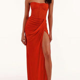 High-End Strapless Backless Ruched Slit Party Dress
