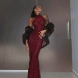 Burgundy Halter Pencil Fishtail Maxi Party Dress