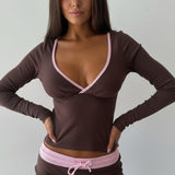 Cross V Neck Contrast Slim Long Sleeve Two Piece Set