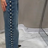 Beaded High Waist Straight Leg Jeans