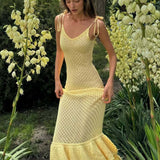 Boho Ruffle Knit Sexy Cutout Sheer Cami Maxi Dress