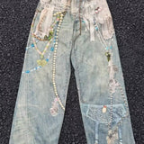 Lace Pearl Chain Printed Vintage Washed Casual Jeans