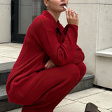 Knit Ribbed Collar Long Sleeve Loose Two Piece Set