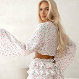 Floral Tie Front Cropped Long Sleeve Ruffled Top Cake Shorts Two Piece Set
