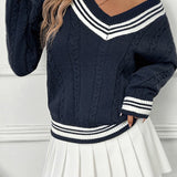 Contrast V-Neck Cable Knit Sweater