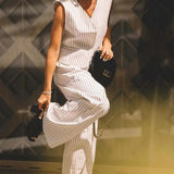 White Print V-Neck Sleeveless Trousers Office Two Piece Set