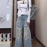 Lace Panel High Waist Wide Leg Jeans
