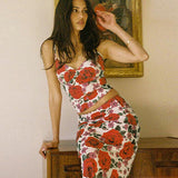 V Neck Camisole High Waist Floral Maxi Dress Two Piece Set