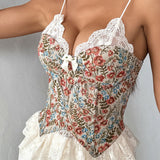 Lace Trim Patchwork Boned Corset Tank Top