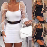 Women Bodycon Dress Slim Sheath Mesh Long Sleeve Dress